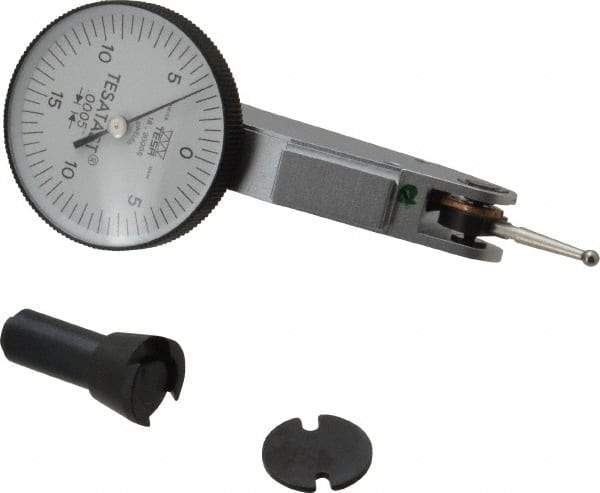 TESA Brown & Sharpe - 0.008 Inch Range, 0 Inch Dial Graduation, Horizontal Dial Test Indicator - 1-1/2 Inch White Dial, 0-4-0 Dial Reading, Accurate to 0.0001 Inch - Exact Industrial Supply