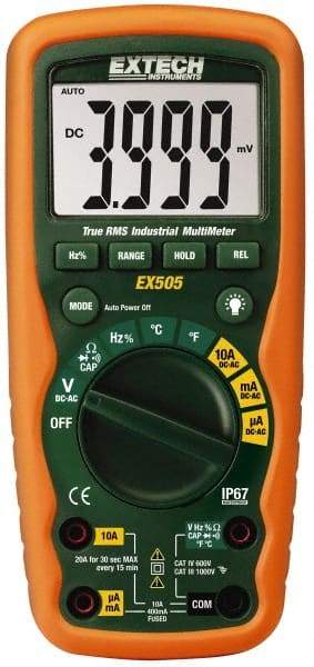 Extech - EX505, CAT IV, 1,000 VAC/VDC, Digital True RMS Multimeter - 40 mOhm, Measures Voltage, Capacitance, Current, Frequency, Resistance, Temperature - Exact Industrial Supply