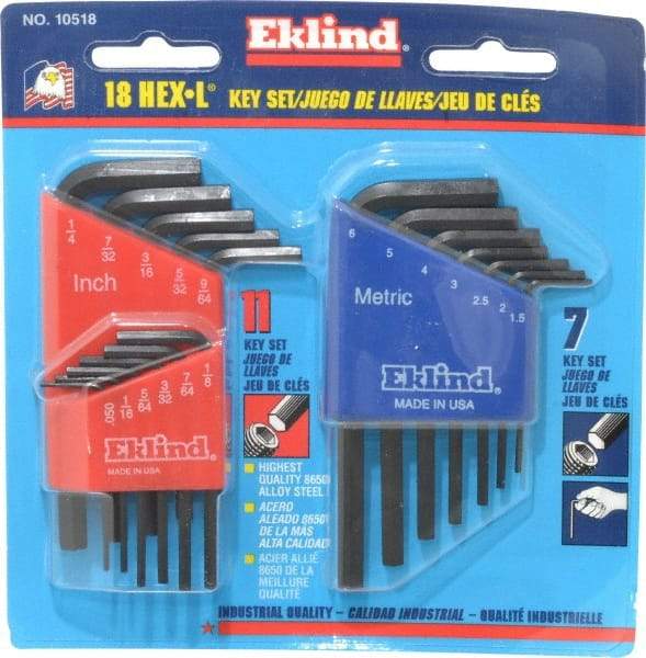 Eklind - 18 Piece L-Key Hex Key Set - Hex Range 0.05 to 1/4" - Exact Industrial Supply