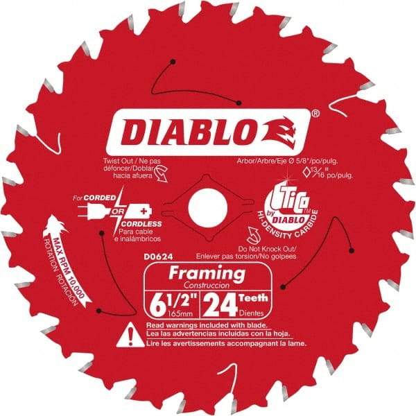 Freud - 6-1/2" Diam, 5/8" Arbor Hole Diam, 24 Tooth Wet & Dry Cut Saw Blade - Carbide-Tipped, Standard Round Arbor - Exact Industrial Supply