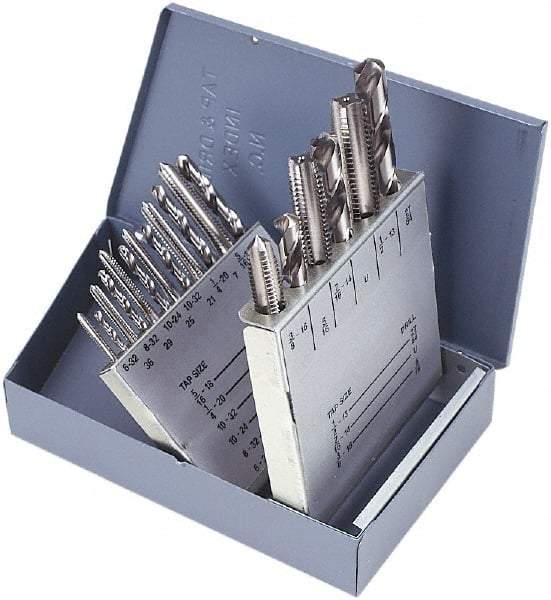 Chicago-Latrobe - F to U Drill, #4-40 to 1/2-13 Tap, Hand Tap and Drill Set - Bright Finish High Speed Steel Drills, Bright Finish High Speed Steel Taps, Plug Chamfer, 20 Piece Set, Includes Plastic case - Exact Industrial Supply
