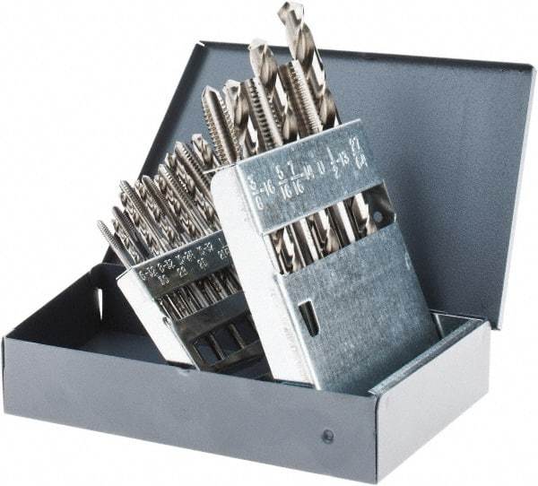Chicago-Latrobe - #25 Drill, F to U Drill, #6-32 to 1/2-13 Tap, Hand Tap and Drill Set - Bright Finish High Speed Steel Drills, Bright Finish High Speed Steel Taps, Plug Chamfer, 18 Piece Set - Exact Industrial Supply