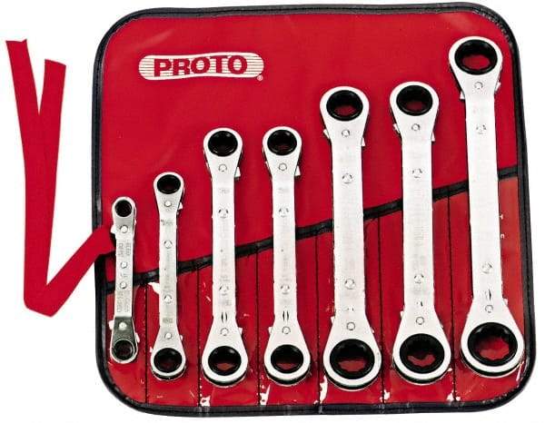 Proto - 7 Piece, 7mm to 21mm, 6, 12 Point Ratcheting Box Wrench Set - Metric Measurement Standard, Chrome Finish, Comes in Pouch - Exact Industrial Supply