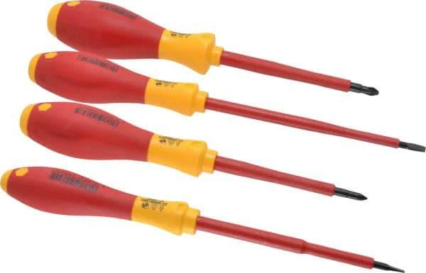 Wiha - 4 Piece Phillips & Slotted Screwdriver Set - Round Shank, Insulated Handle, Bit Sizes: Philips #1 & #2, Tip Thickness: 3/16 & 9/16 - Exact Industrial Supply