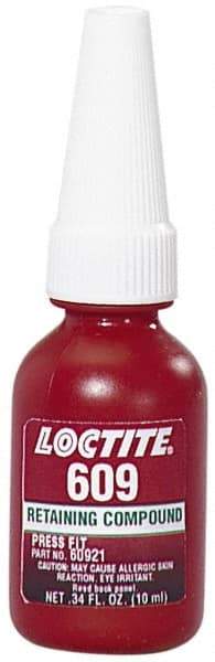 Loctite - 10 mL Bottle, Green, Medium Strength Liquid Retaining Compound - Series 609, 24 hr Full Cure Time, Heat Removal - Exact Industrial Supply