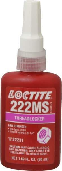 Loctite - 50 mL Bottle, Purple, Low Strength Liquid Threadlocker - Series 222MS, 24 hr Full Cure Time, Hand Tool, Heat Removal - Exact Industrial Supply