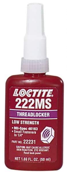 Loctite - 250 mL Bottle, Purple, Low Strength Liquid Threadlocker - Series 222MS, 24 hr Full Cure Time, Hand Tool, Heat Removal - Exact Industrial Supply