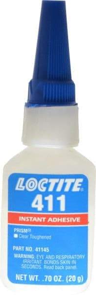 Loctite - 0.70 oz Bottle Clear Instant Adhesive - Series 411, 30 sec Fixture Time, 24 hr Full Cure Time, Bonds to Metal, Plastic & Rubber - Exact Industrial Supply