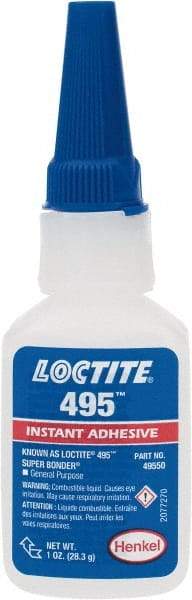 Loctite - 1 oz Bottle Clear Instant Adhesive - Series 495, 20 sec Fixture Time, 24 hr Full Cure Time, Bonds to Metal, Plastic & Rubber - Exact Industrial Supply