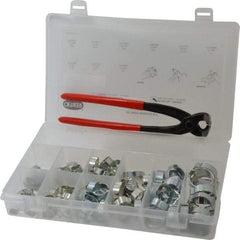 Oetiker - 124 Piece, 5/16 to 1" Diam, 2-Ear Service Clamp Kit - 123 Clamps & 1 Zinc Plated Side Jaw Pincers - Exact Industrial Supply