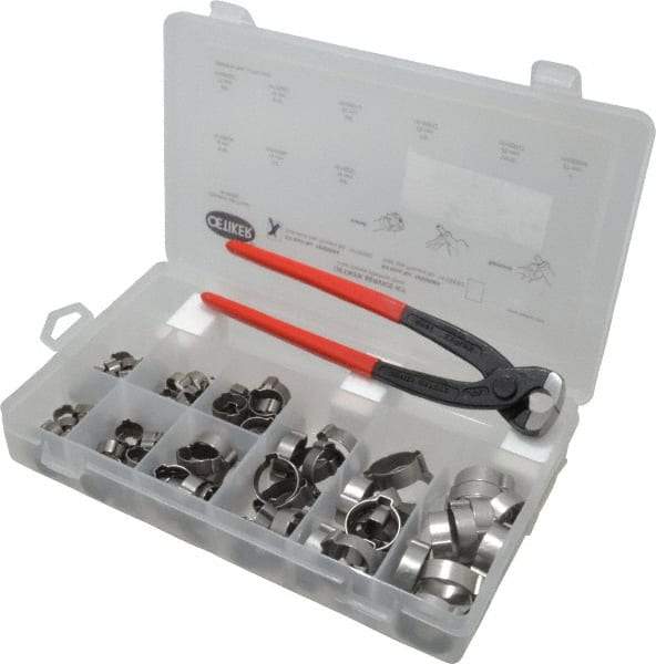 Oetiker - 124 Piece, 5/16 to 1" Diam, 2-Ear Service Clamp Kit - 123 Clamps & 1 Stainless Steel Standard Jaw Pincer - Exact Industrial Supply