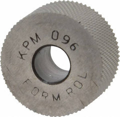 Made in USA - 3/4" Diam, 80° Tooth Angle, Standard (Shape), Form Type High Speed Steel Male Diamond Knurl Wheel - 3/8" Face Width, 1/4" Hole, 96 Diametral Pitch, 30° Helix, Bright Finish, Series KP - Exact Industrial Supply