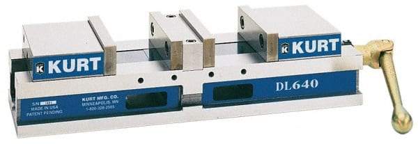 Kurt - 8" Jaw Width, 6" Jaw Opening Capacity, Horizontal Stationary Machine Vise - Manual Operation, 8,997 Lb Capacity, 1 Station, 34-1/4" Long x 5.95" High x 2-13/64" Deep, 2.2" Jaw Height, 80,000 psi Max Clamp Force, Ductile Iron - Exact Industrial Supply