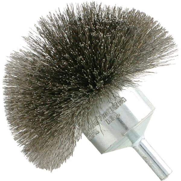 Brush Research Mfg. - 1-1/2" Brush Diam, Crimped, Flared End Brush - 1/4" Diam Steel Shank, 20,000 Max RPM - Exact Industrial Supply
