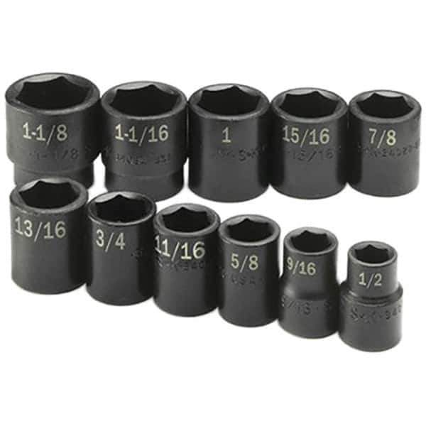 SK - 1/2" Drive Standard Impact Socket Set - 1/2 to 1-1/8", Inch Measurement Standard - Exact Industrial Supply