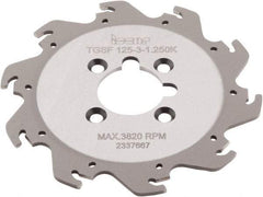 Iscar - Arbor Hole Connection, 0.118" Cutting Width, 1.36" Depth of Cut, 4.921" Cutter Diam, 1-1/4" Hole Diam, 10 Tooth Indexable Slotting Cutter - TGSF Toolholder, TAG N3\x85 Insert, Right Hand Cutting Direction - Exact Industrial Supply