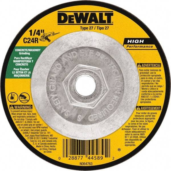 DeWALT - 24 Grit, 4-1/2" Wheel Diam, 1/8" Wheel Thickness, Type 27 Depressed Center Wheel - Silicon Carbide, Resinoid Bond, 13,300 Max RPM - Exact Industrial Supply