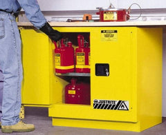 Justrite - 2 Door, 1 Shelf, Yellow Steel Under the Counter Safety Cabinet for Flammable and Combustible Liquids - 35" High x 35" Wide x 22" Deep, Manual Closing Door, 22 Gal Capacity - Exact Industrial Supply
