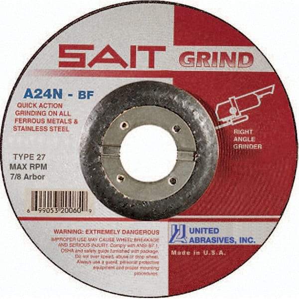 Sait - 24 Grit, 4" Wheel Diam, 1/4" Wheel Thickness, 3/8" Arbor Hole, Type 27 Depressed Center Wheel - Aluminum Oxide, Resinoid Bond, N Hardness, 13,500 Max RPM, Compatible with Angle Grinder - Exact Industrial Supply