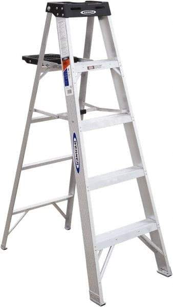 Werner - 4 Steps, 5' High, Type IA Rating, Aluminum Step Ladder - 300 Lb Capacity, 21-1/4" Base Width - Exact Industrial Supply