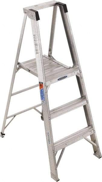 Werner - 3 Steps, 5' High, Type IA Rating, Aluminum Platform Ladder - 300 Lb Capacity, 23" Base Width - Exact Industrial Supply