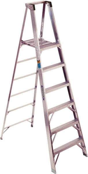 Werner - 6 Steps, 8' High, Type I Rating, Aluminum Platform Ladder - 250 Lb Capacity, 28-1/4" Base Width - Exact Industrial Supply