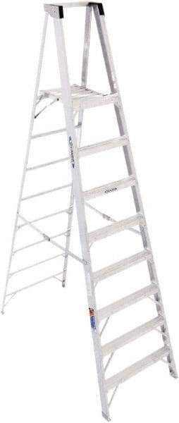 Werner - 8 Steps, 10' High, Type I Rating, Aluminum Platform Ladder - 250 Lb Capacity, 31-3/4" Base Width - Exact Industrial Supply