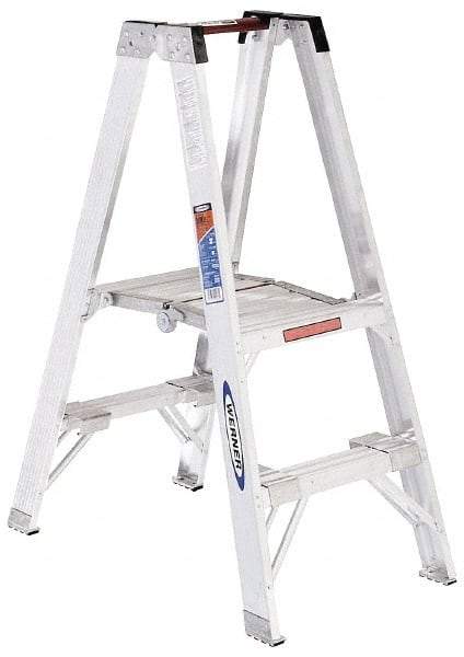 Werner - 2 Steps, 4' High, Type IA Rating, Aluminum Platform Ladder - 300 Lb Capacity, 21-1/4" Base Width - Exact Industrial Supply