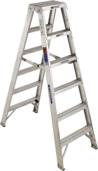 Werner - 5 Steps, 6' High, Type IA Rating, Aluminum Step Ladder - 300 Lb Capacity, 22-3/4" Base Width - Exact Industrial Supply