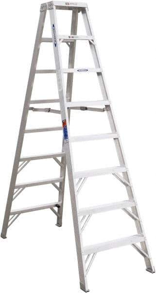 Werner - 7 Steps, 8' High, Type IA Rating, Aluminum Step Ladder - 300 Lb Capacity, 25-3/4" Base Width - Exact Industrial Supply