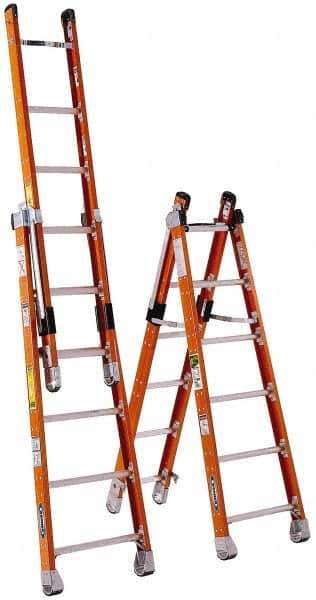 Werner - 7 Steps, 7' High, Type IAA Rating, Fiberglass Multi-Use Ladder - 375 Lb Capacity, 24-1/4" Base Width - Exact Industrial Supply