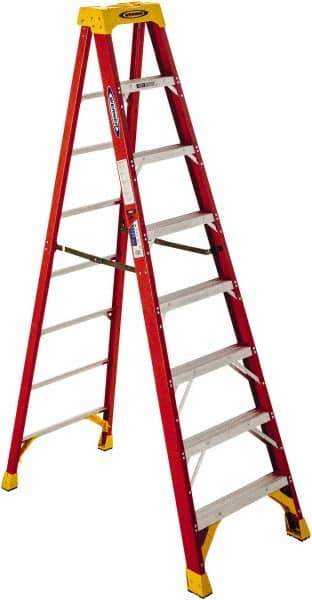 Werner - 8 Steps, 8' High, Type IA Rating, Fiberglass Step Ladder - 300 Lb Capacity, 26-7/8" Base Width - Exact Industrial Supply