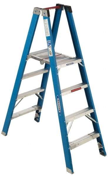 Werner - 2 Steps, 4' High, Type I Rating, Fiberglass Platform Ladder - 250 Lb Capacity, 20" Base Width - Exact Industrial Supply