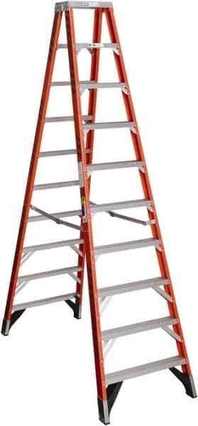 Werner - 9 Steps, 10' High, Type IAA Rating, Fiberglass & Aluminum Step Ladder - 375 Lb Capacity, 31-5/8" Base Width - Exact Industrial Supply