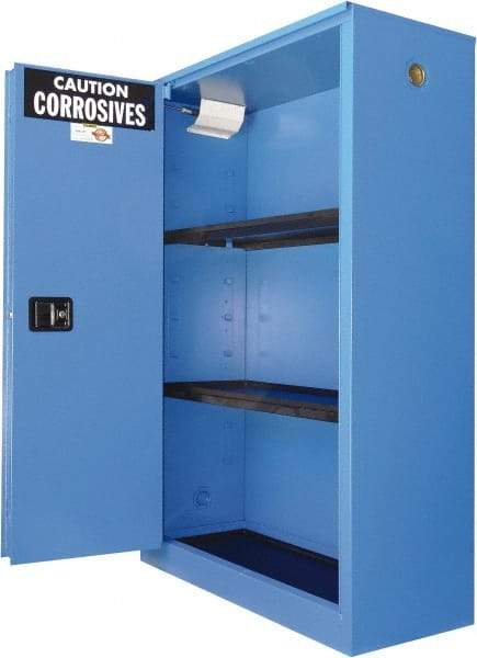 Securall Cabinets - 2 Door, 2 Shelf, Blue Steel Standard Safety Cabinet for Corrosive Chemicals - 65" High x 43" Wide x 18" Deep, Sliding Door, 3 Point Key Lock, 45 Gal Capacity - Exact Industrial Supply