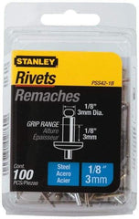Stanley - Steel Color Coded Blind Rivet - Steel Mandrel, 0.062" to 1/8" Grip, 1/4" Head Diam, 0.125" to 0.133" Hole Diam, 0.275" Length Under Head, 1/8" Body Diam - Exact Industrial Supply