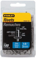 Stanley - Steel Color Coded Blind Rivet - Steel Mandrel, 3/8" to 1/2" Grip, 1/4" Head Diam, 0.125" to 0.133" Hole Diam, 0.65" Length Under Head, 1/8" Body Diam - Exact Industrial Supply