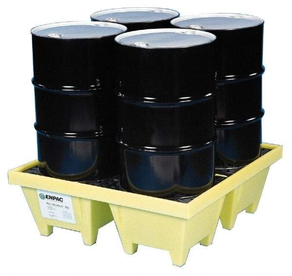 Enpac - 83 Gal Sump, 6,000 Lb Capacity, 4 Drum, Plastic Spill Deck or Pallet - 50" Long x 50" Wide x 13.43" High, Yellow, Liftable Fork, Vertical, 2 x 2 Drum Configuration - Exact Industrial Supply