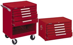 5 Drawer, 2 Piece, Red Steel Roller Cabinet Combo 18″ Deep x 35″ High x 27″ Wide, 5″ X 1-1/4 Casters Ball Bearing Slides, Mechanic's Tool Chest