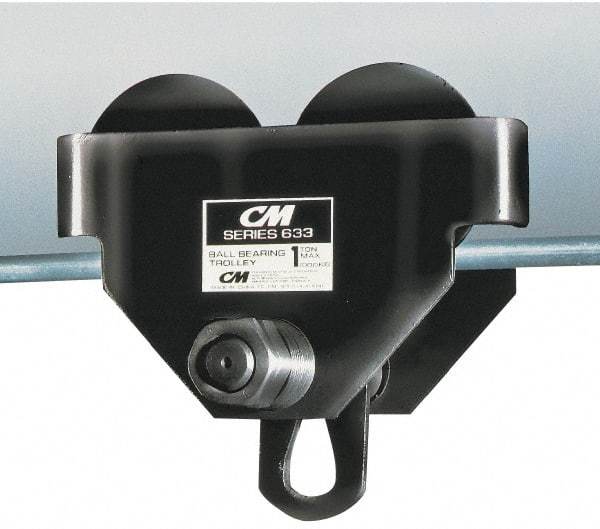 CM - 1/2 Ton Capacity Wide Range Ball Bearing Trolley - 2-1/2" to 5-5/8" Flange Width, 29/32" Wheel Diam, 3" to 15" I-Beam, 35" Min Radius - Exact Industrial Supply