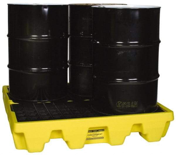 Eagle - 66 Gal Sump, 8,000 Lb Capacity, 4 Drum, Polyethylene Spill Deck or Pallet - 51-1/2" Long x 51-1/2" Wide x 8" High, Yellow, Liftable Fork, Drain Included, Low Profile, Vertical, 2 x 2 Drum Configuration - Exact Industrial Supply