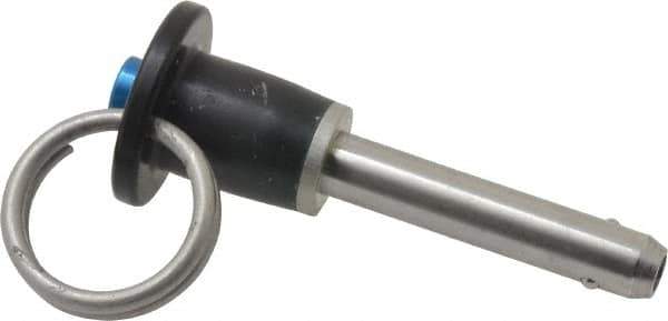 Jergens - 1/4" Diam, 1" Usable Length, Button Handle, Push Button Quick Release Pin - 2-1/8" Overall Length, Grade 17-4 Stainless Steel, Passivated Finish - Exact Industrial Supply