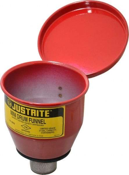 Justrite - 4-1/2" High x 4-1/2" Diam, Galvanized Steel, Manual Closing Pail Funnel with Flame Arrester - 1" Arrester/Tube Length, 5 Gal Drum/Pail Capacity - Exact Industrial Supply