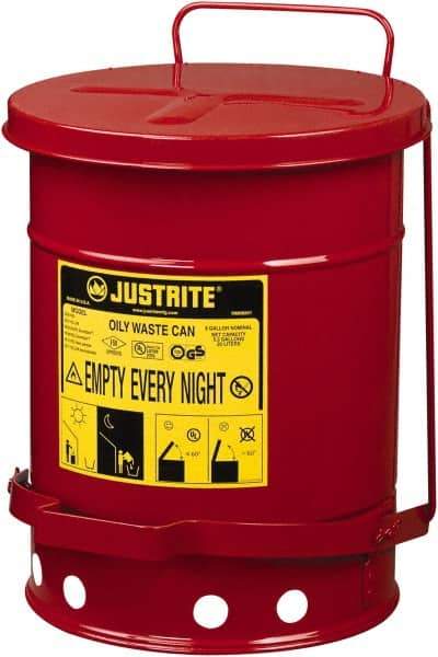 Justrite - 6 Gallon Capacity, Galvanized Steel Disposal Can - 11-7/8 Inch Wide/Diameter x 15-7/8 Inch High, Red, Foot Operated, Approved FM and UL - Exact Industrial Supply