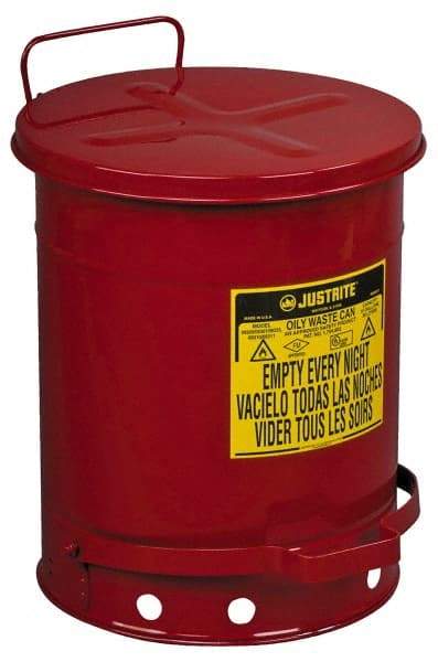 Justrite - 10 Gallon Capacity, Galvanized Steel Disposal Can - 13-15/16 Inch Wide/Diameter x 18-1/4 Inch High, Red, Foot Operated, Approved FM and UL - Exact Industrial Supply