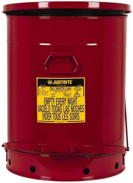 Justrite - 21 Gallon Capacity, Galvanized Steel Disposal Can - 18-3/8 Inch Wide/Diameter x 23-7/16 Inch High, Red, Foot Operated, Approved FM and UL - Exact Industrial Supply