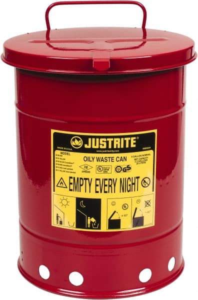 Justrite - 6 Gallon Capacity, Galvanized Steel Disposal Can - 11-7/8 Inch Wide/Diameter x 15-7/8 Inch High, Red, Hand Operated, Approved FM and UL - Exact Industrial Supply