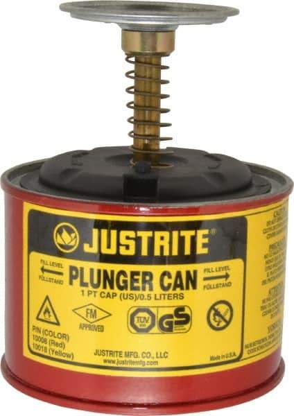 Justrite - 1 Pint Capacity, 5-1/4 Inch High x 4-7/8 Inch Diameter, Steel Plunger Can - 2-3/4 Inch Dasher Diameter, Red, Approval Listing/Regulation FM - Exact Industrial Supply