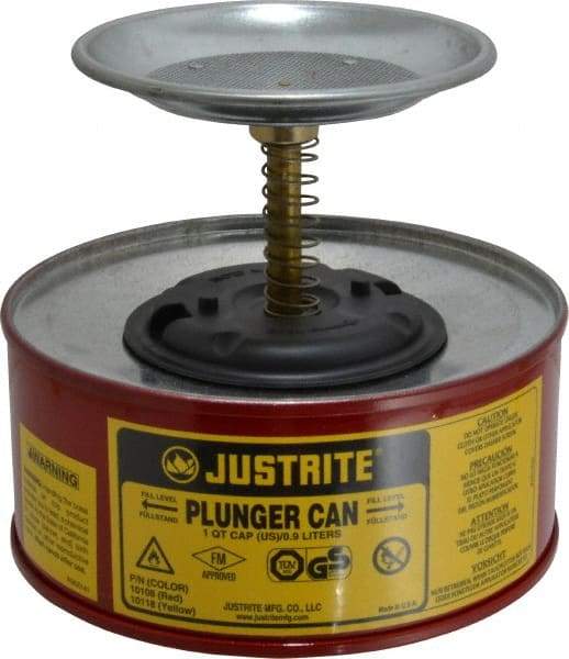 Justrite - 1 Quart Capacity, 5-5/8 Inch High x 7-1/4 Inch Diameter, Steel Plunger Can - 5 Inch Dasher Diameter, Red, Approval Listing/Regulation FM - Exact Industrial Supply