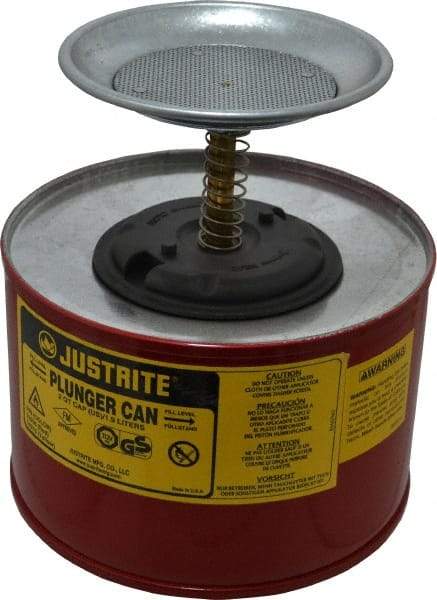 Justrite - 2 Quart Capacity, 7-3/8 Inch High x 7-1/4 Inch Diameter, Steel Plunger Can - 5 Inch Dasher Diameter, Red, Approval Listing/Regulation FM - Exact Industrial Supply